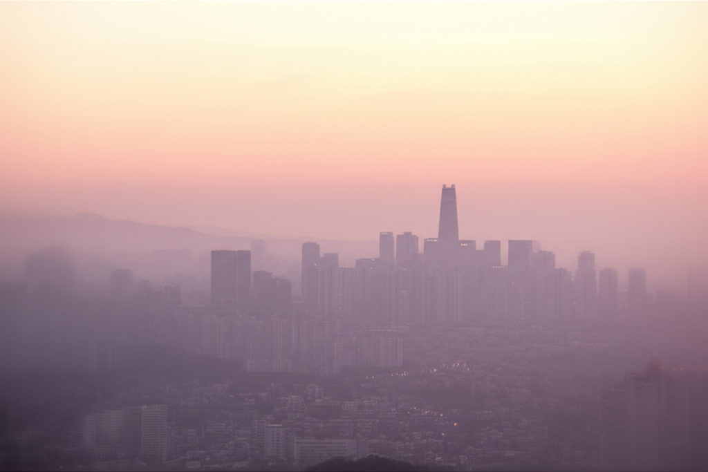 A serene, hazy sunset view over the Seoul cityscape